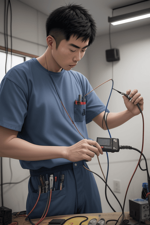 AI generated: photo of an east asian male electrician technician indoors working on an electrical board, <lora:add...
