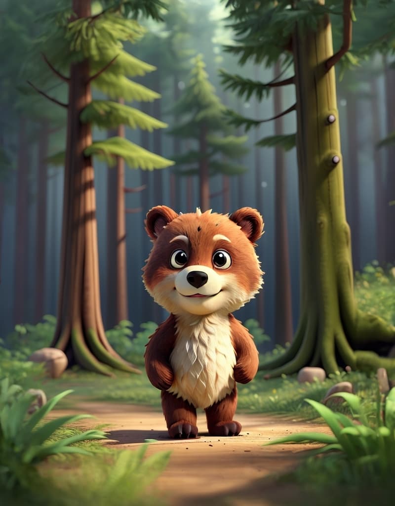 AI generated: Small bear Miki walking in the big woods