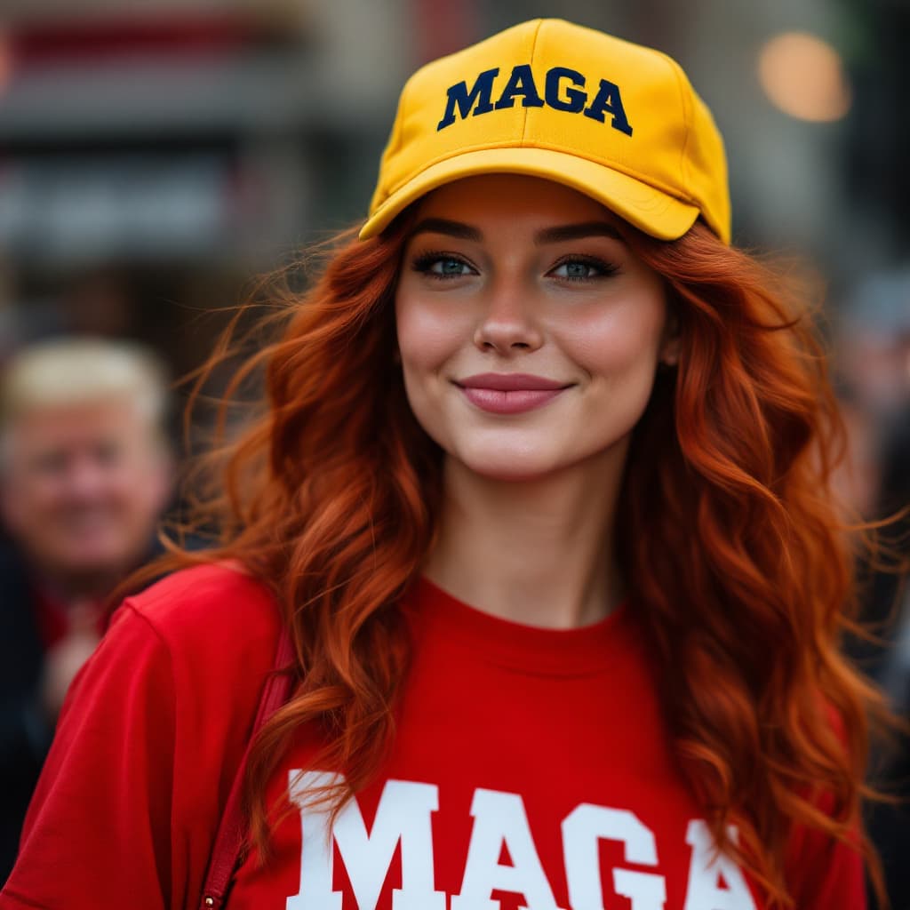 AI generated: create image of a beautiful red-haired woman with a yellow cap that says "MAGA" and a red t-shirt th...