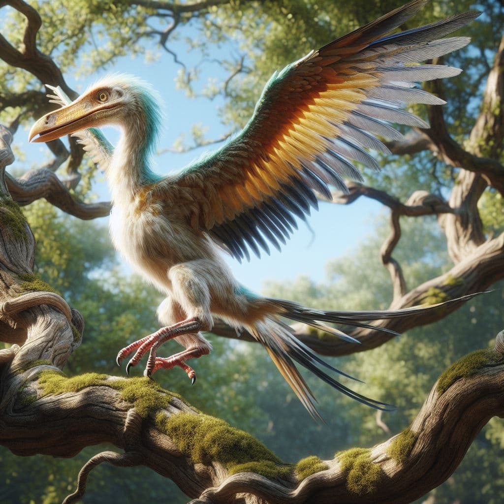 AI generated: Archaeopteryx bird climbing among tree branches like a parrot, realistic anatomy, lifelike 3d digita...