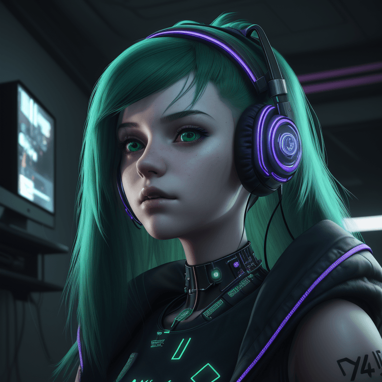 AI generated: Young girl with emerald hair, headphones on her head, cyberpunk, indoor, gamer room, royal blue, hyp...