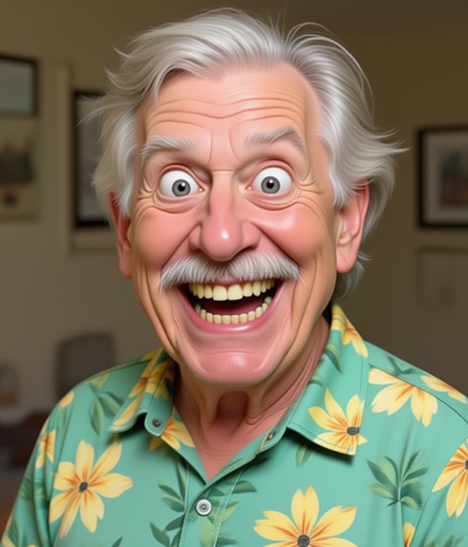 AI generated: funny caricature, exaggerated cartoon human, male, 77 years old, wild- silver haired, big-nosed, too...