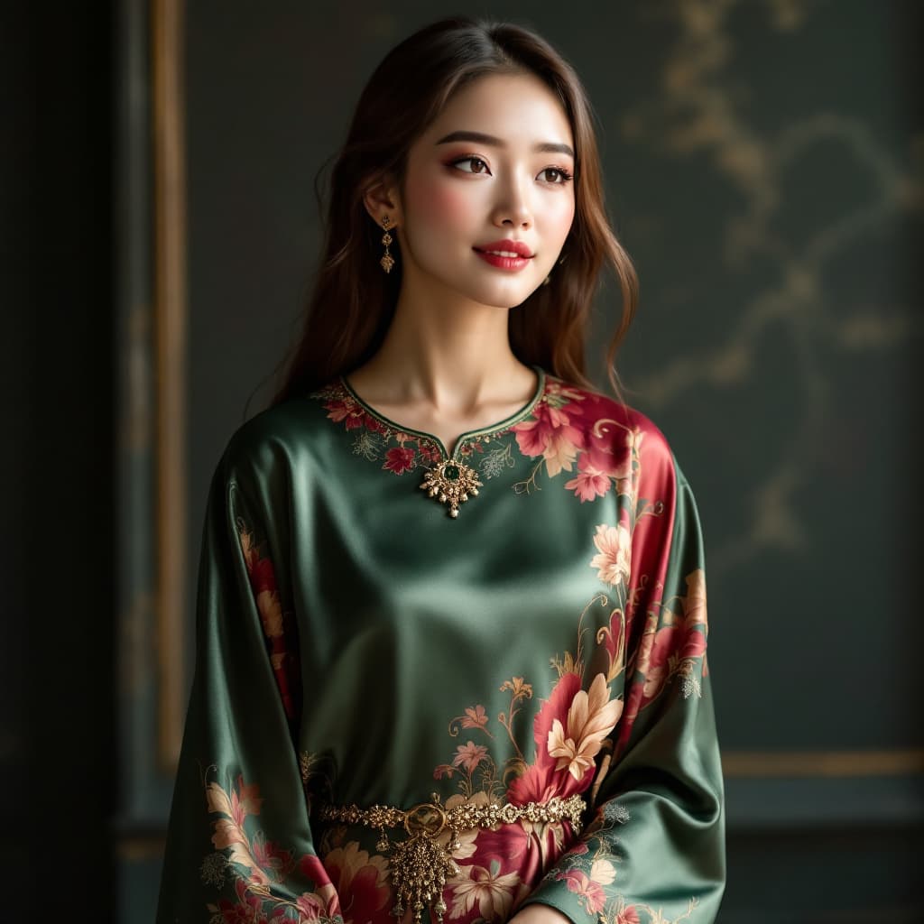 AI generated: A young woman wearing Malaysian shiny satin Baju Kurung 