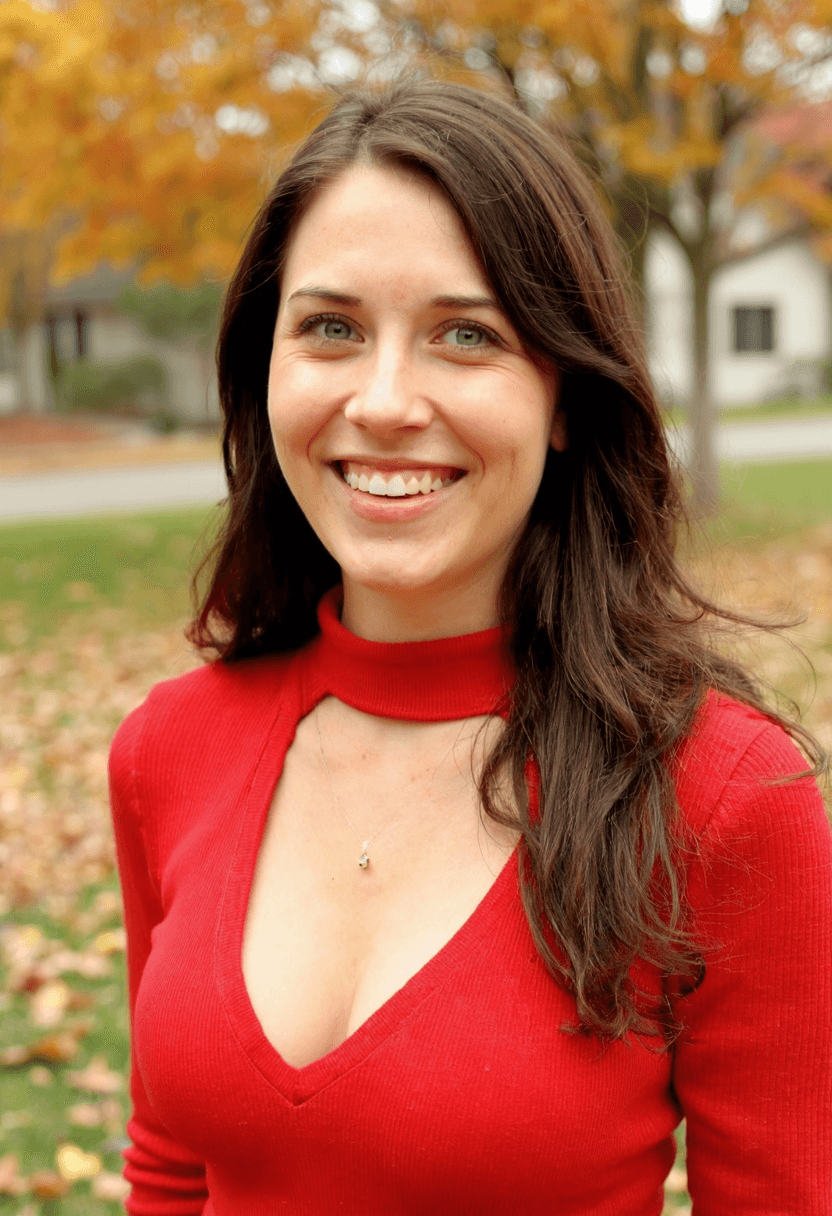 AI generated: A 40-year-old woman with long, dark brown hair and bright blue eyes is smiling in front of a fall ba...