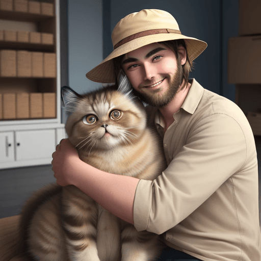 AI generated: /imagine prompt: Picture young man with medium cat, smile, happiness, dark blonde hair, medium lengt...