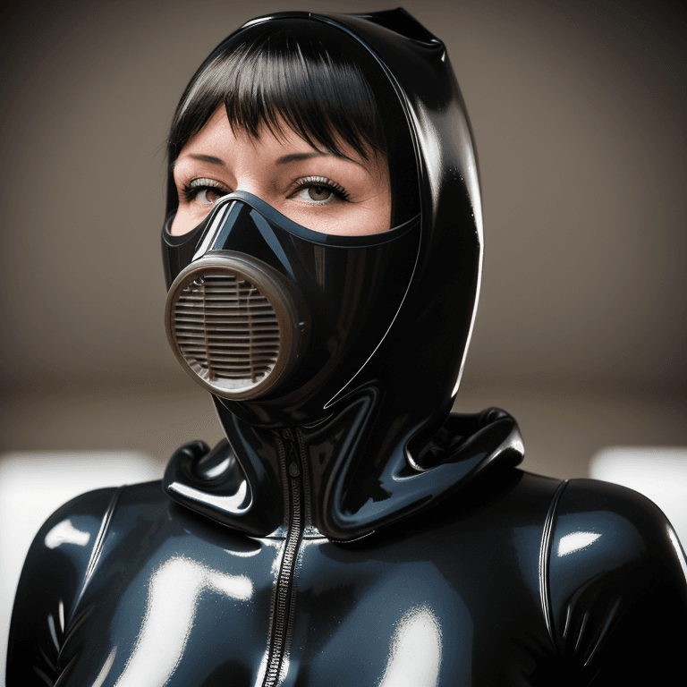 AI generated: hyper realistic headshot photo of a 40 year old woman, wearing a latex gas mask, a latex catsuit wit...