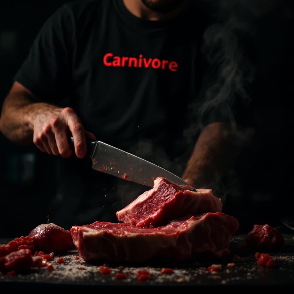 AI generated: darker image of person in black t-shirt with sign Carnivore in red cutting big chunk of meat. 
Photo...