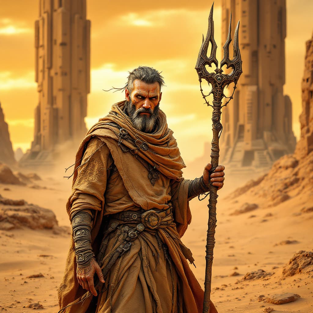 AI generated: hyper reslistic A Dune-style warrior monk standing in a windswept, futuristic desert outpost under a...