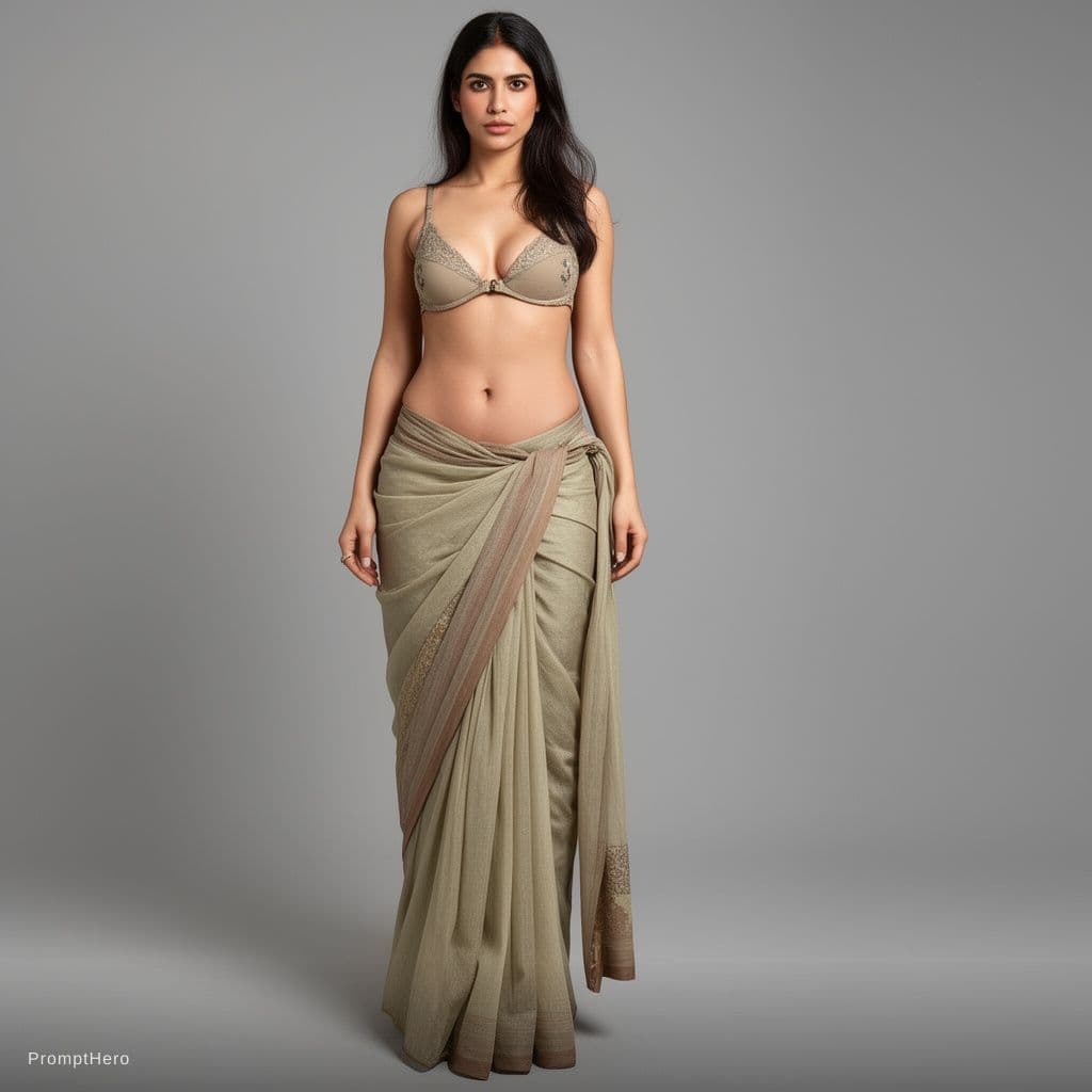 AI generated: full view of this character where she retains saree for the lower region with almost inskirt hanging...