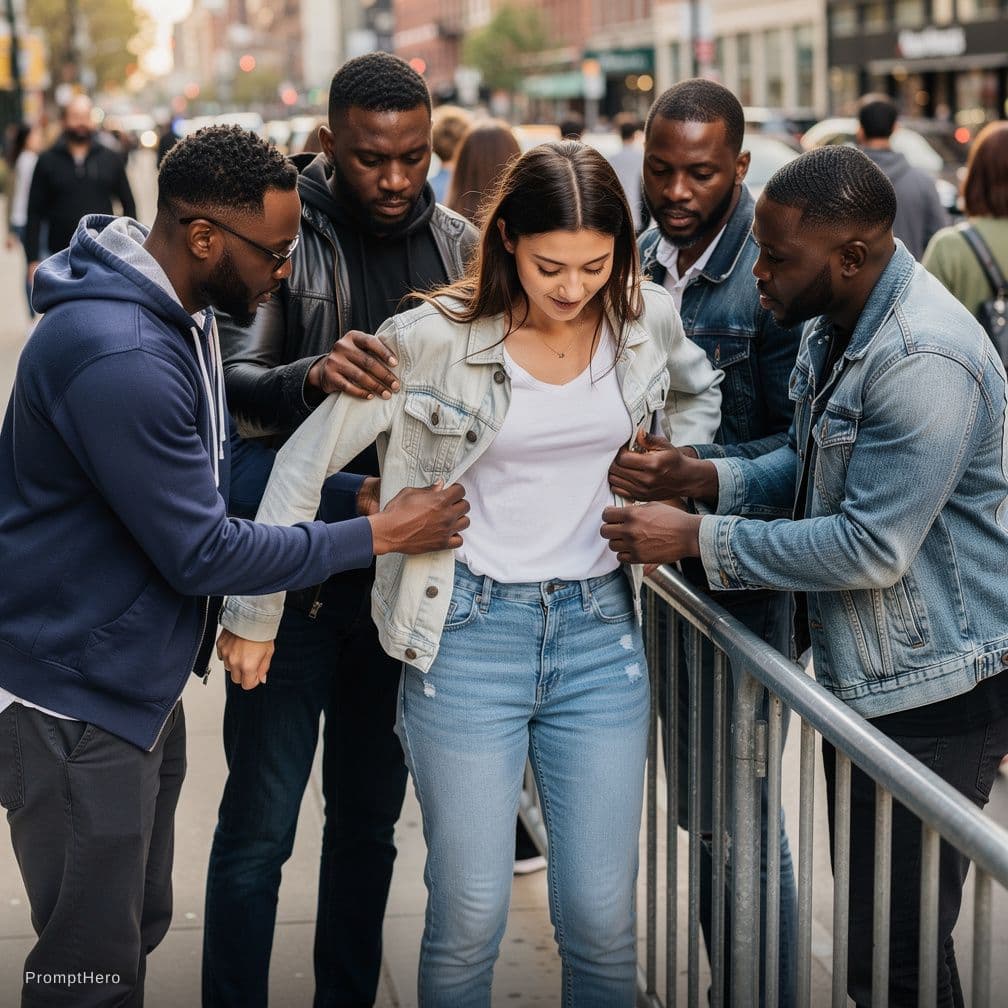 AI generated: She gets clothes ripped off by black men 