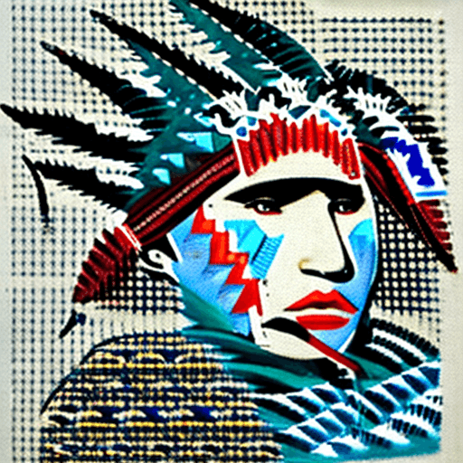 AI generated: Primer plano de un guerrero sioux con el rostro pintado de guerra.
La pintura facial debe ser detall...