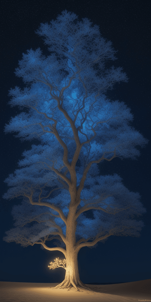 AI generated: Fantastic tree, Blue illumination, Leaves on top of the tree, Divine light, Starry night, Sand deser...