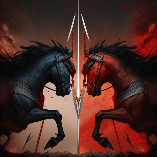 AI generated: two kings facing each other in the middle of battle with red eyes and full of passion, using swords,...