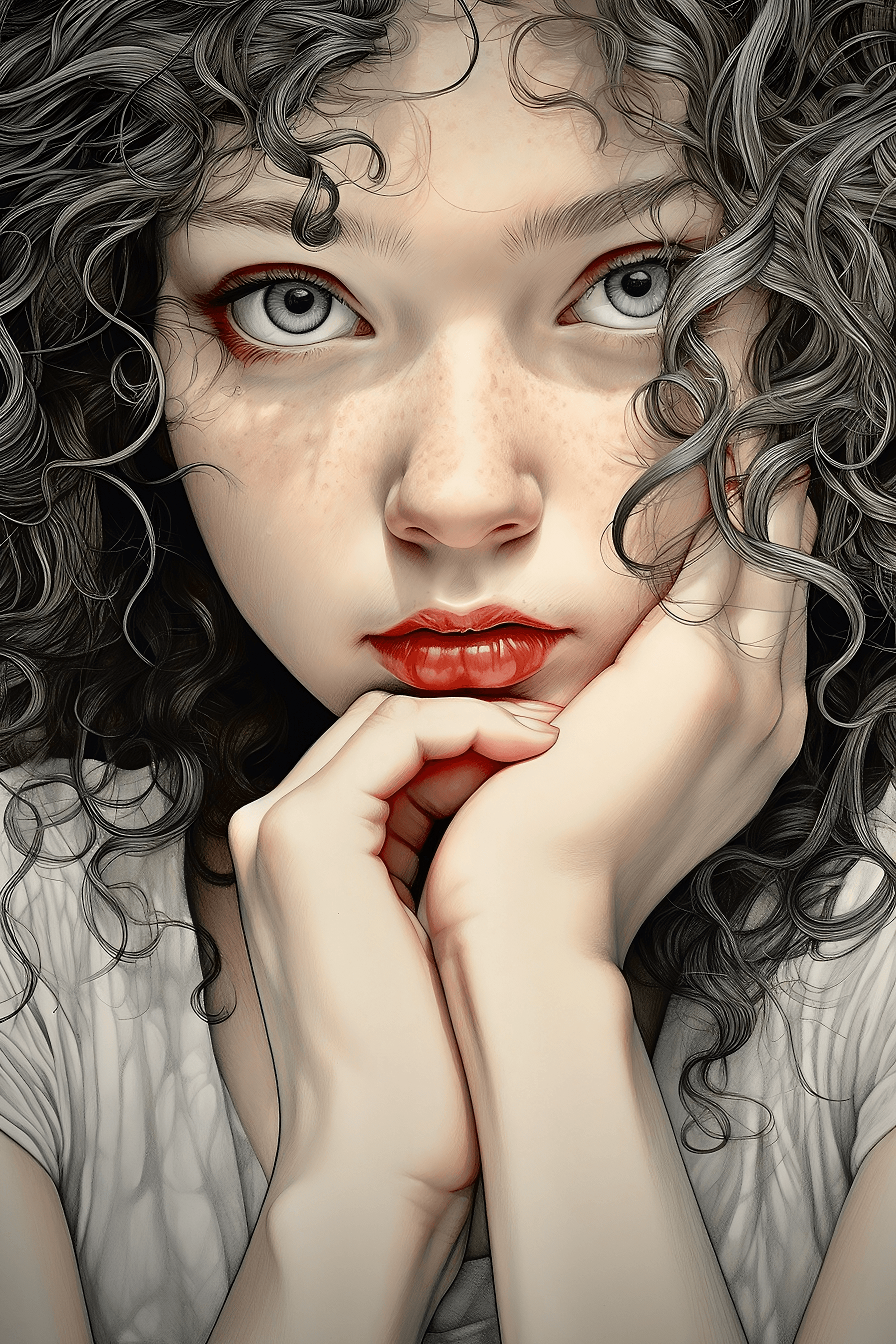 AI generated: this vibrant coloured drawing features the hand and curly hair of a young innocent beautiful girl, i...