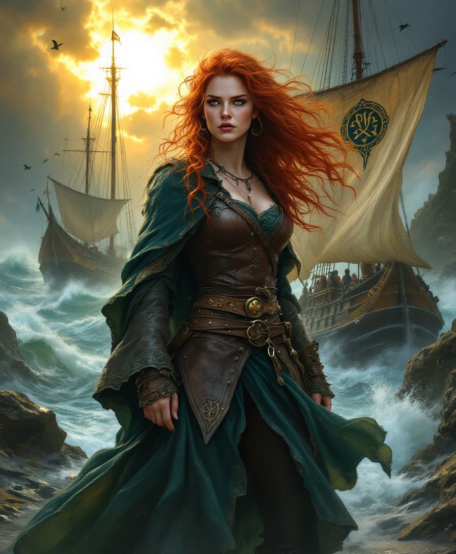 AI generated: Gráinne O'Malley, the legendary Irish pirate queen, stands defiantly at her rugged sea port, her sta...