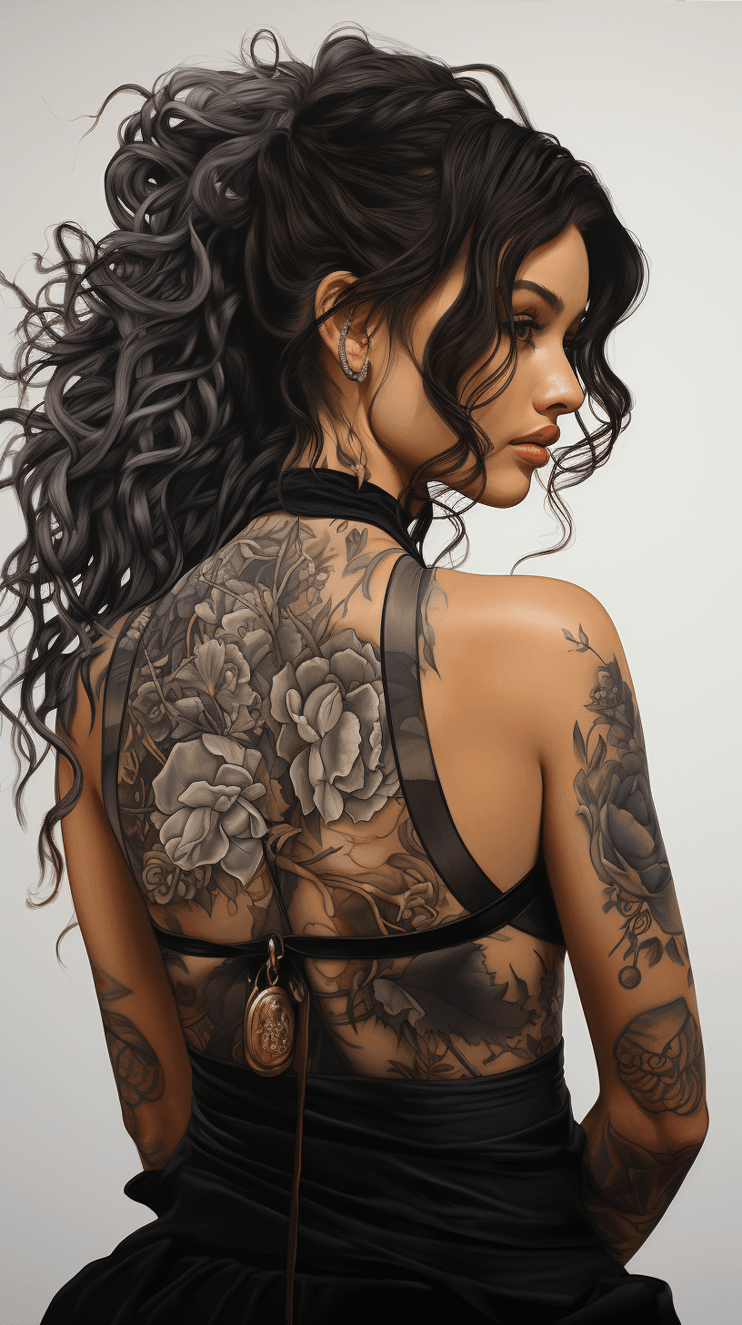 AI generated: a black tattooed woman in , with hand on her shoulder, in the style of hauntingly beautiful illustra...