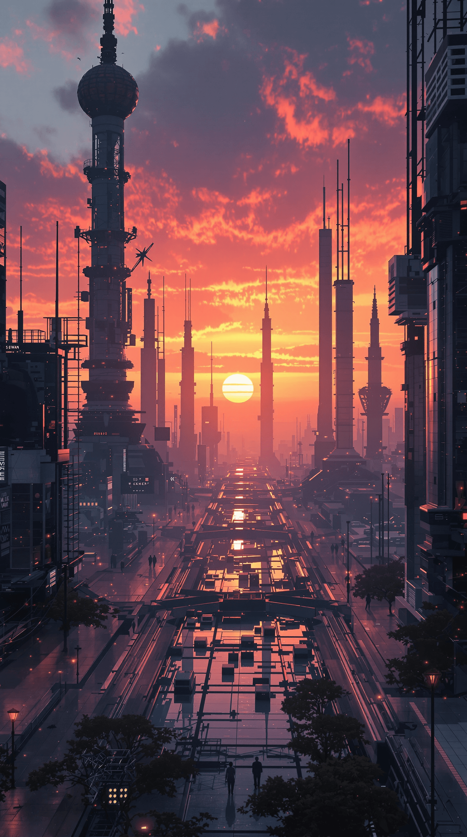 AI generated: A random futuristic scene, epic cinematic, minimalist megacity,  8k, dystopian, eerie sunset