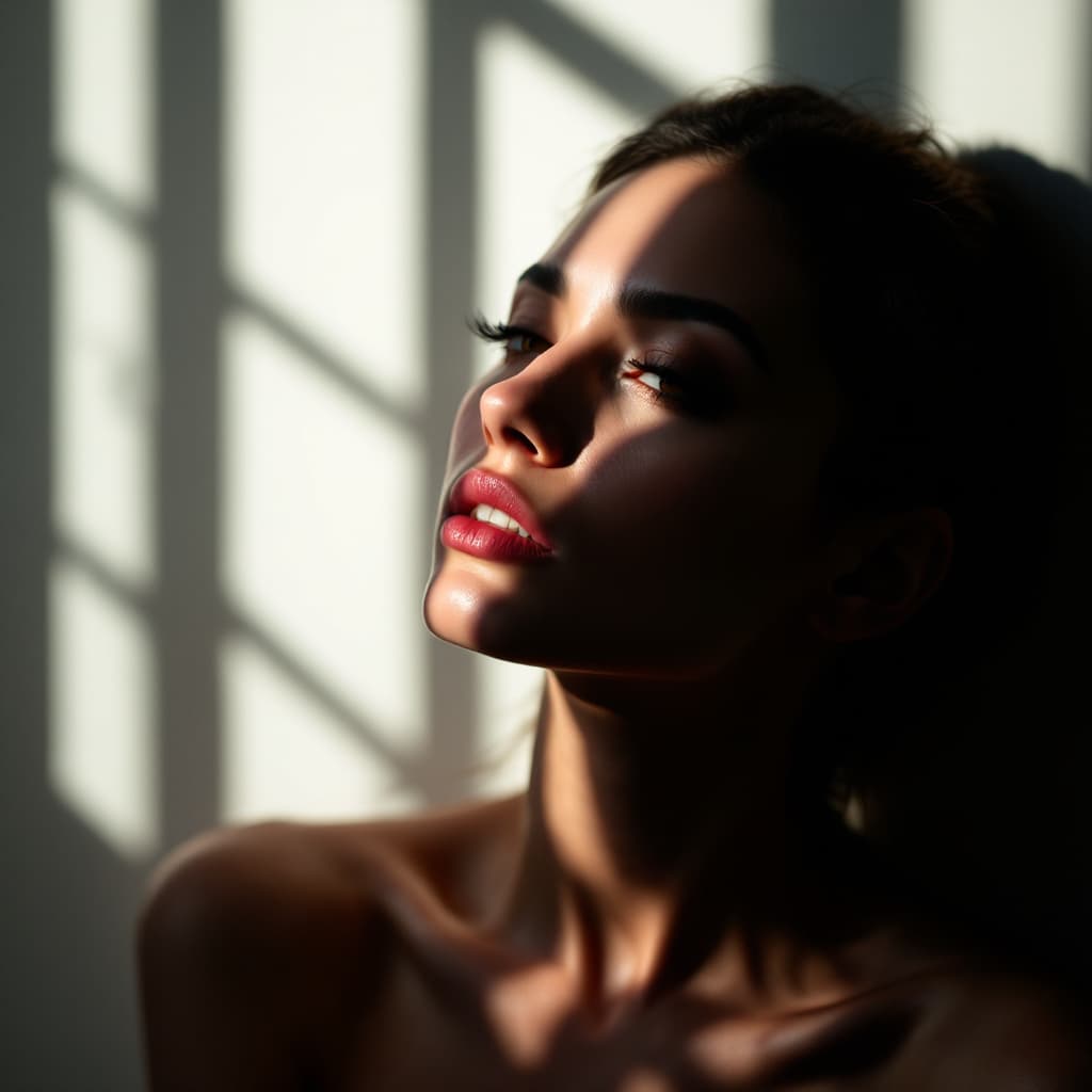 AI generated: high-resolution photograph, woman, stunning use of shadows, in the syle of crisp lines and forms,  T...