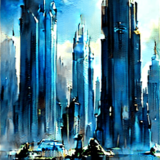 AI generated: watercolour of futuristic city with tall buildings and spaceships in the style of Maya Lin, in the s...