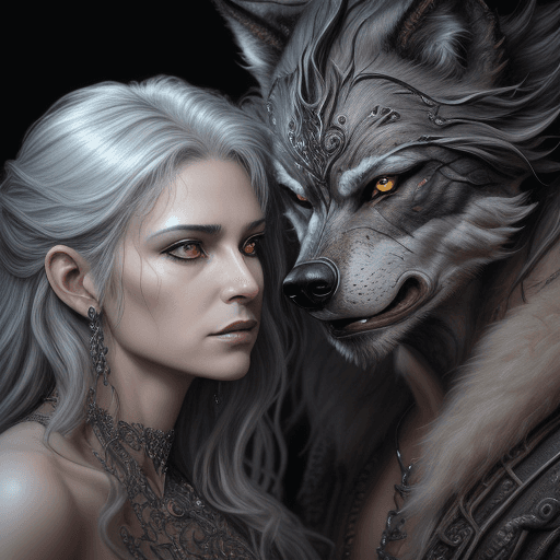 AI generated: A stunningly intricate close up portrait of a couple with a grey werewolf, (((luis royo and julie be...
