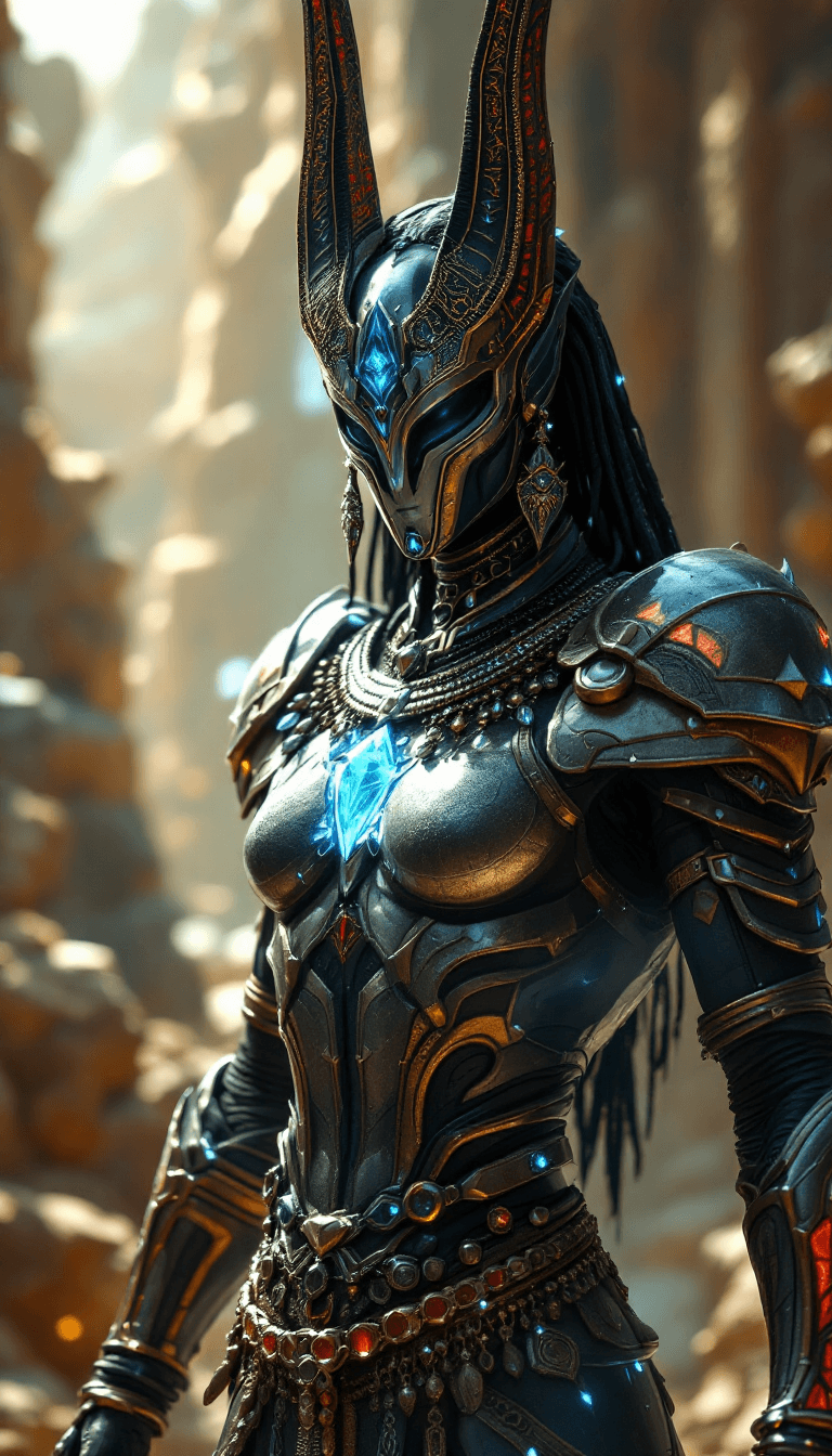 AI generated: Anubis, fantasy light armor withe many accessories and detailles, beauty, 4k, ultra hd, god, mystic 
