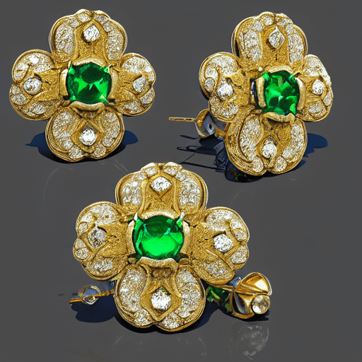 AI generated: full display of baroque style jewelry design, a pair of earrings, green gemstones with four-leaf clo...