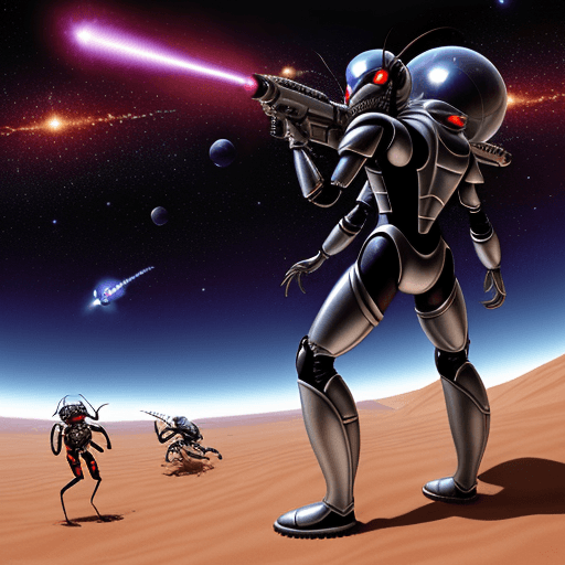 AI generated: alien ant army group with silver ant armor invasion the planet, gunfire with red ant group, space st...