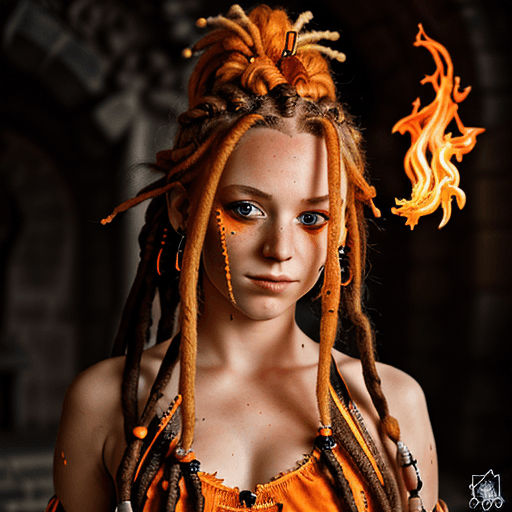 AI generated: junge prinzessin, orangene Dreadlocks, fantasy, flammen aus den augen, lawasee im hintergrund, 8k, d...