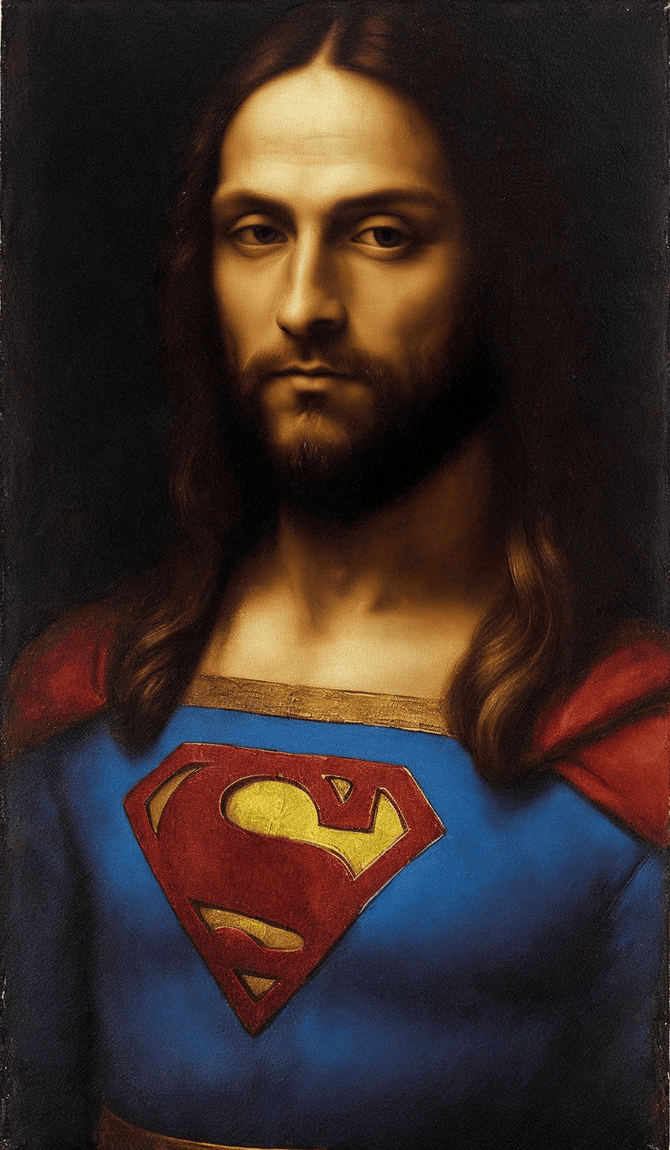 AI generated: (oil painting) by Leonardo Da Vinci ,[superman portrait, looking at camera],[ faded ], soft shadows
