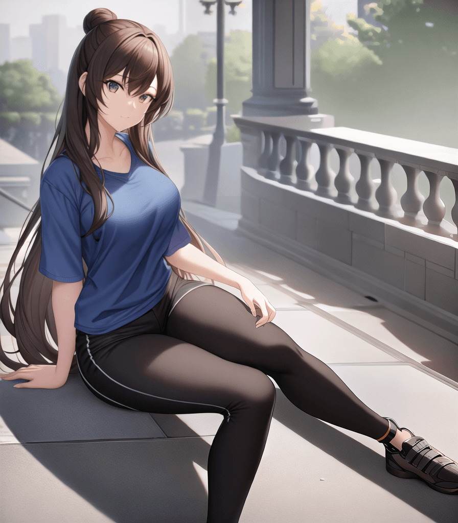 AI generated: perfect anime illustration, 1, braided buns, long brown hair, medium breasts, college, sitting on st...