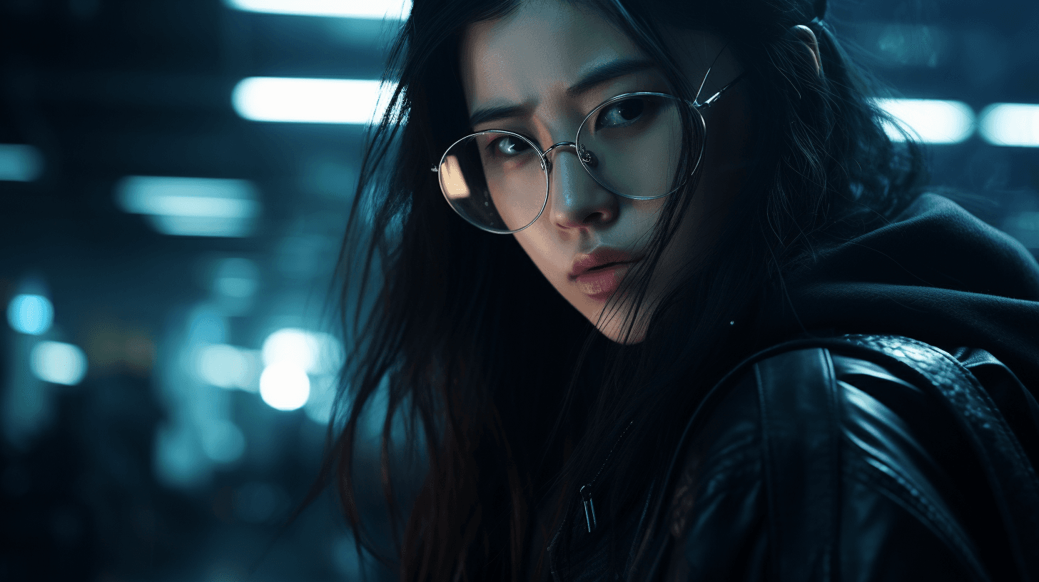 AI generated: Liu Yifei as a cyberpunk cage fighter wearing glasses, 16-35mm lens, f/1.8, global illumination, nat...