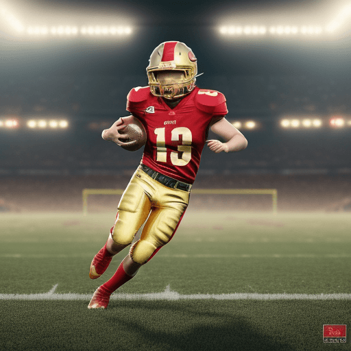 AI generated: In this fantastic scene a full body  Taylor swift American Footballer Toddler is wearing red and gol...