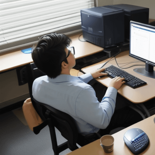 AI generated: A man siting using the computer at school cybercenter,the man very panic