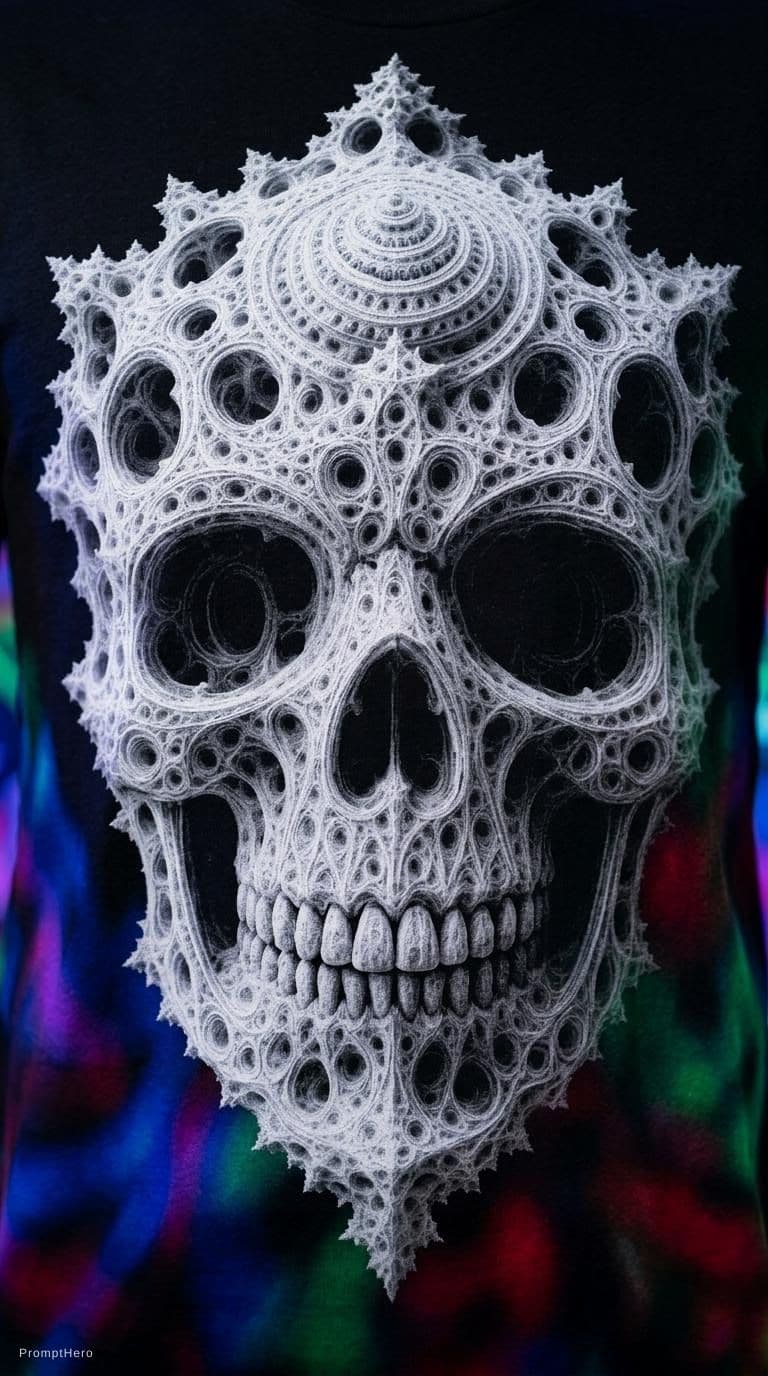 AI generated: photography,black t-shirt with a translucent white skull print,vibrant backdrop,visualize using a ca...