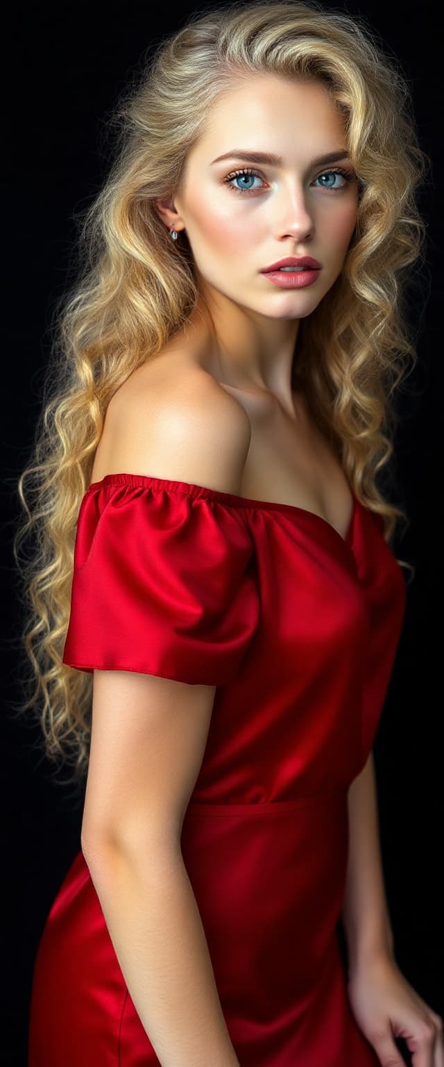 AI generated: "Fine art photography full body portrait. Supermodel, early 20s, fair skin, large blue-green-silver ...