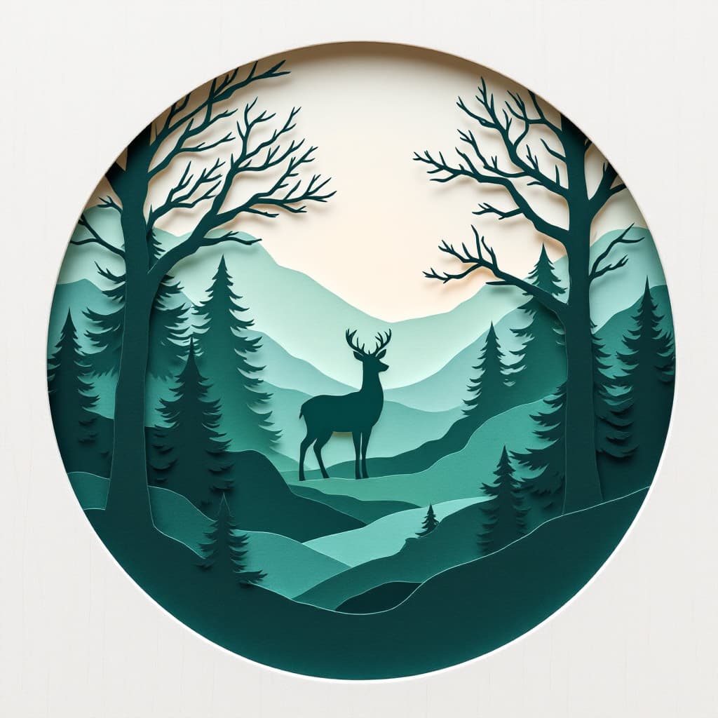 AI generated: Circular paper cut-out design;  stylized winter forest scene;  silhouette of a deer centrally locate...