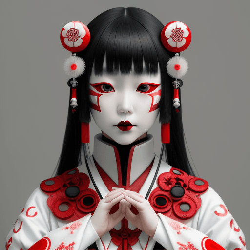 AI generated: japanese girl with red and white painted face, in the style of gothic futurism, monochromatic symmet...