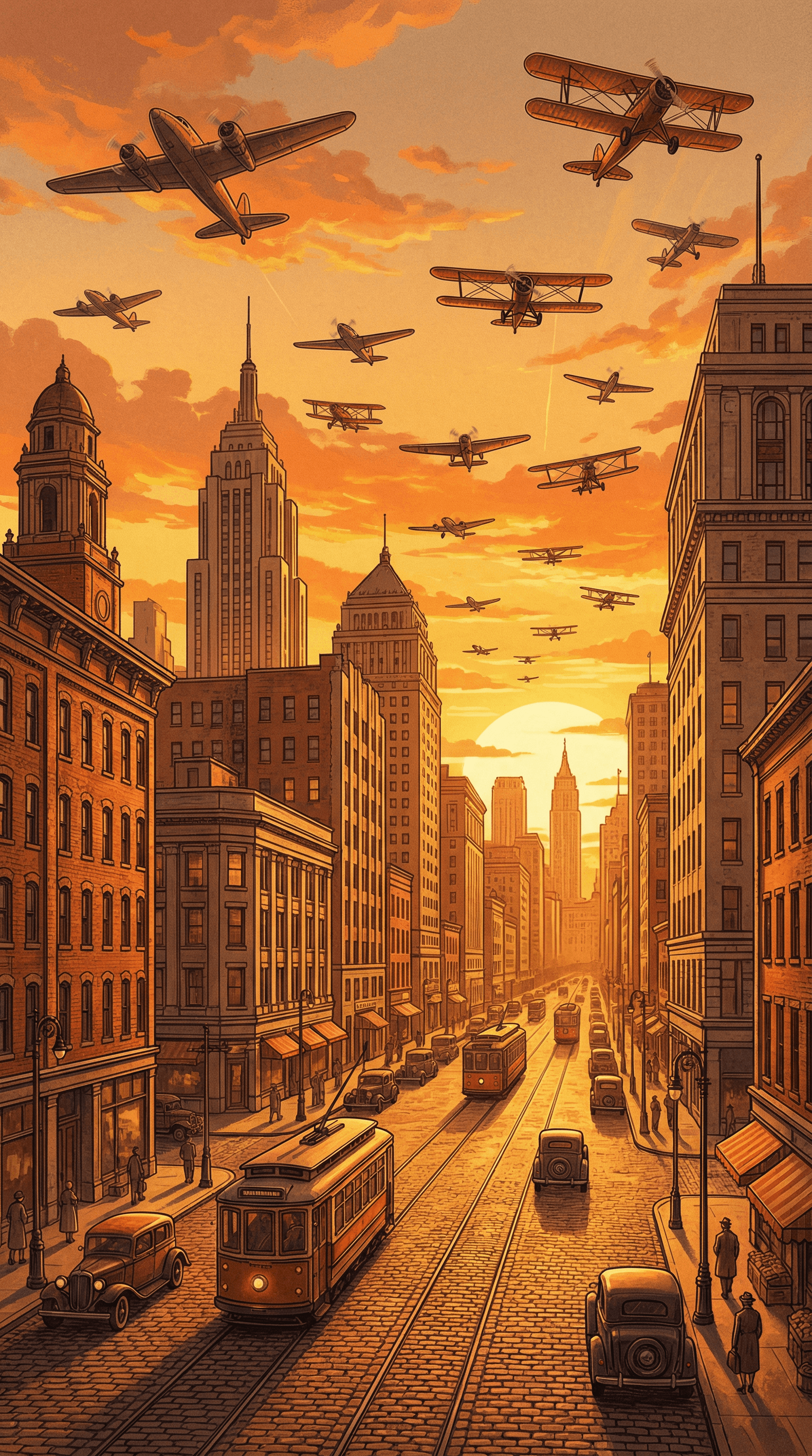 AI generated: a city with orange afternoon vibes with vintage and aesthetic streets and then there are planes in t...