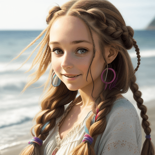 AI generated: A hippie woman with beautifully braided hair. naturally cute. portrait photo by the sea, dynamic pos...