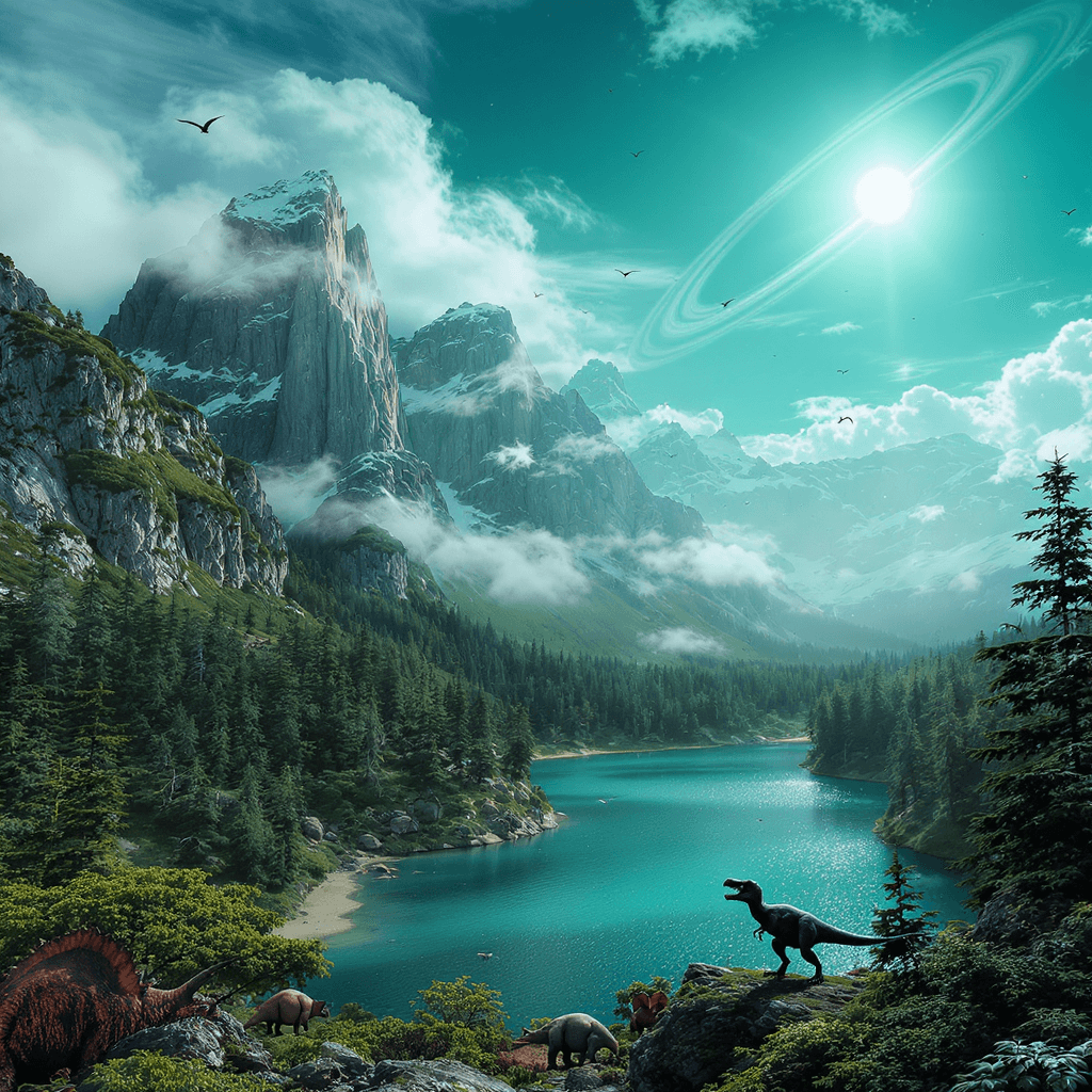 AI generated: a scenic view of a tall mountains covered in lush greens and moss covered trees with a lake and a ri...