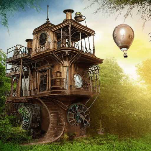 AI generated: High resolution steampunk style an old house with three levels in a jungle with a baloon