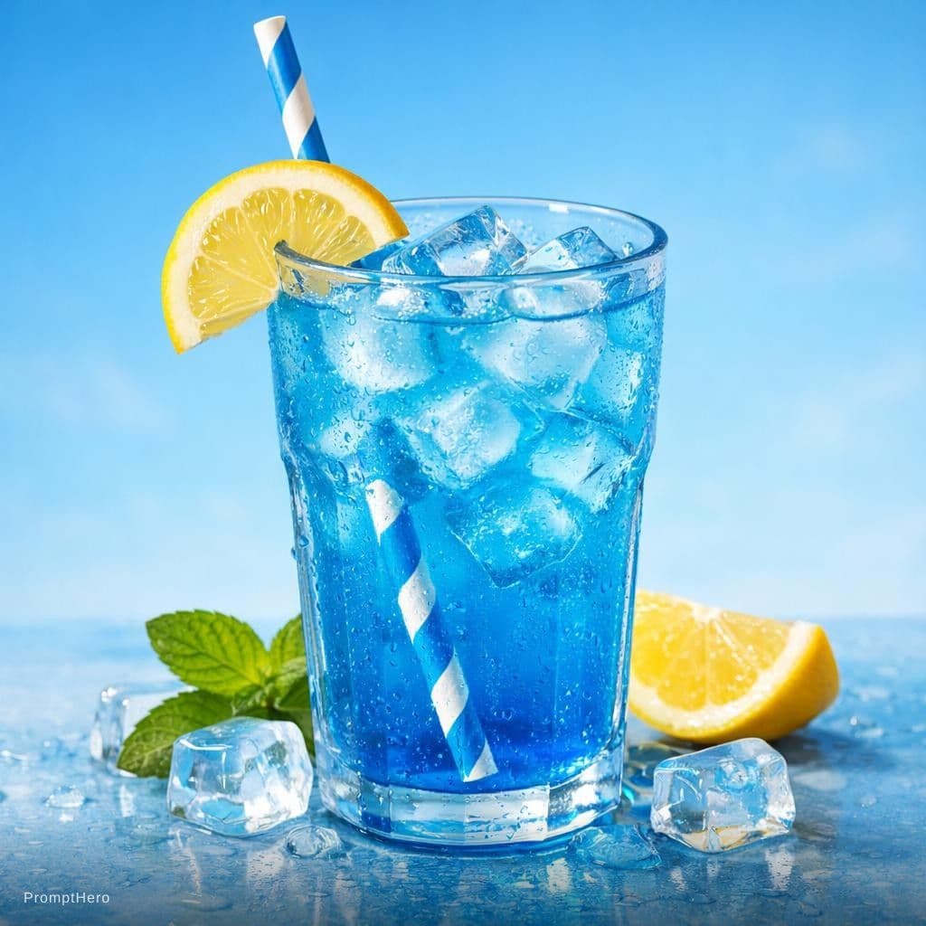 AI generated: photography, blue, summer, one cool blue lemonaid with ice, isolated layout, realistic light, rich d...