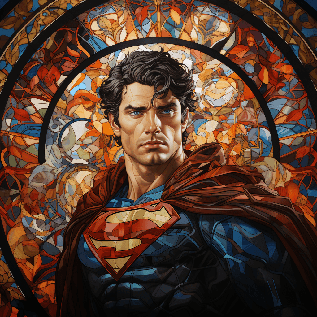 AI generated: stained glass, 3x3 Talavera tiles, Superman