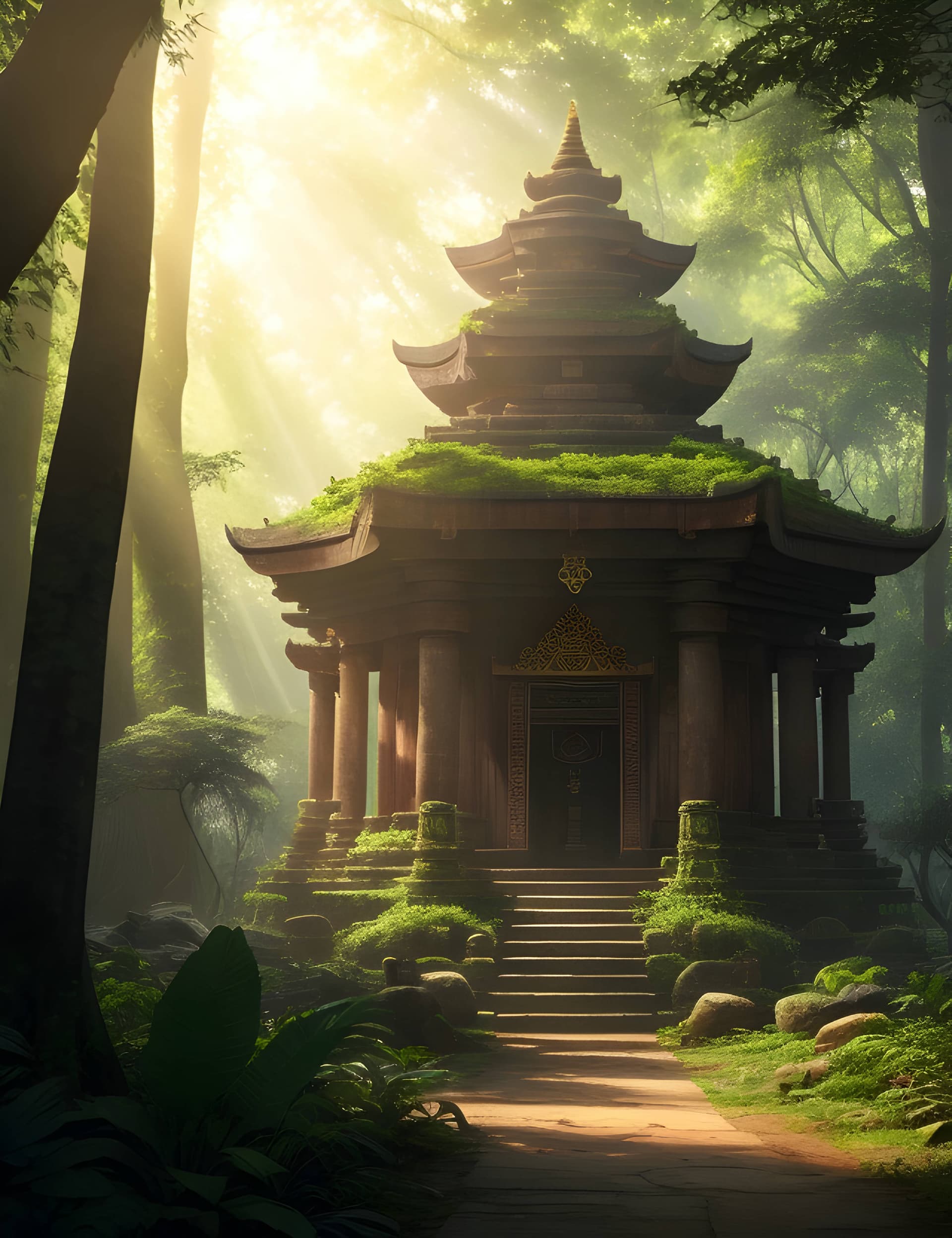 AI generated: A beautiful temple hidden in the lush of forest, forest with dense of tress , large ancient temple ,...