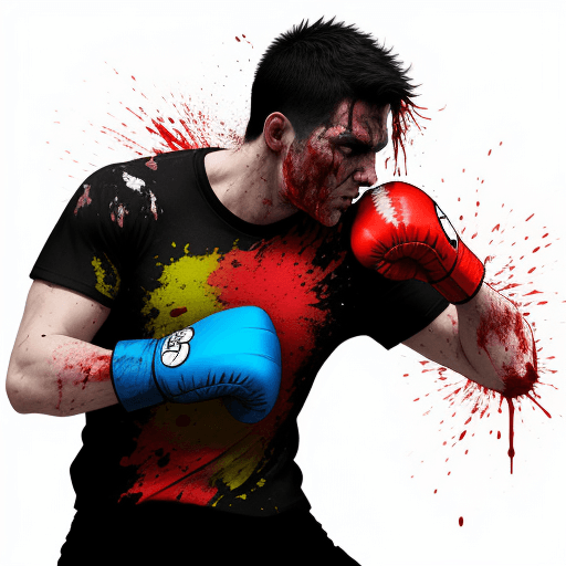 AI generated: tshirt design, colourful, no background, a man punching by another with bruise and blood on his face...