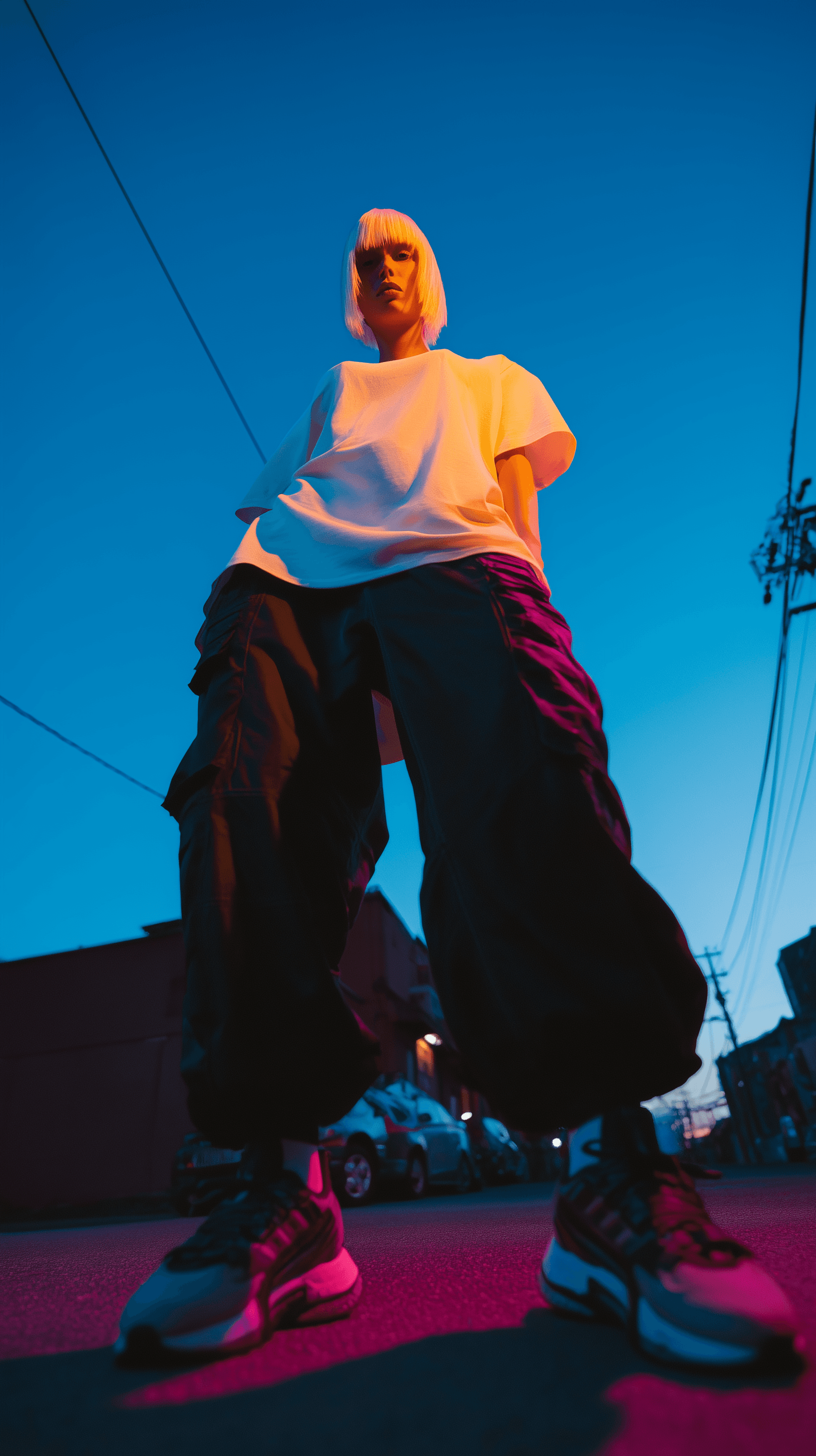 AI generated: photography, female model, bottom tilt shot, front central composition, full-body profile pose, gaze...