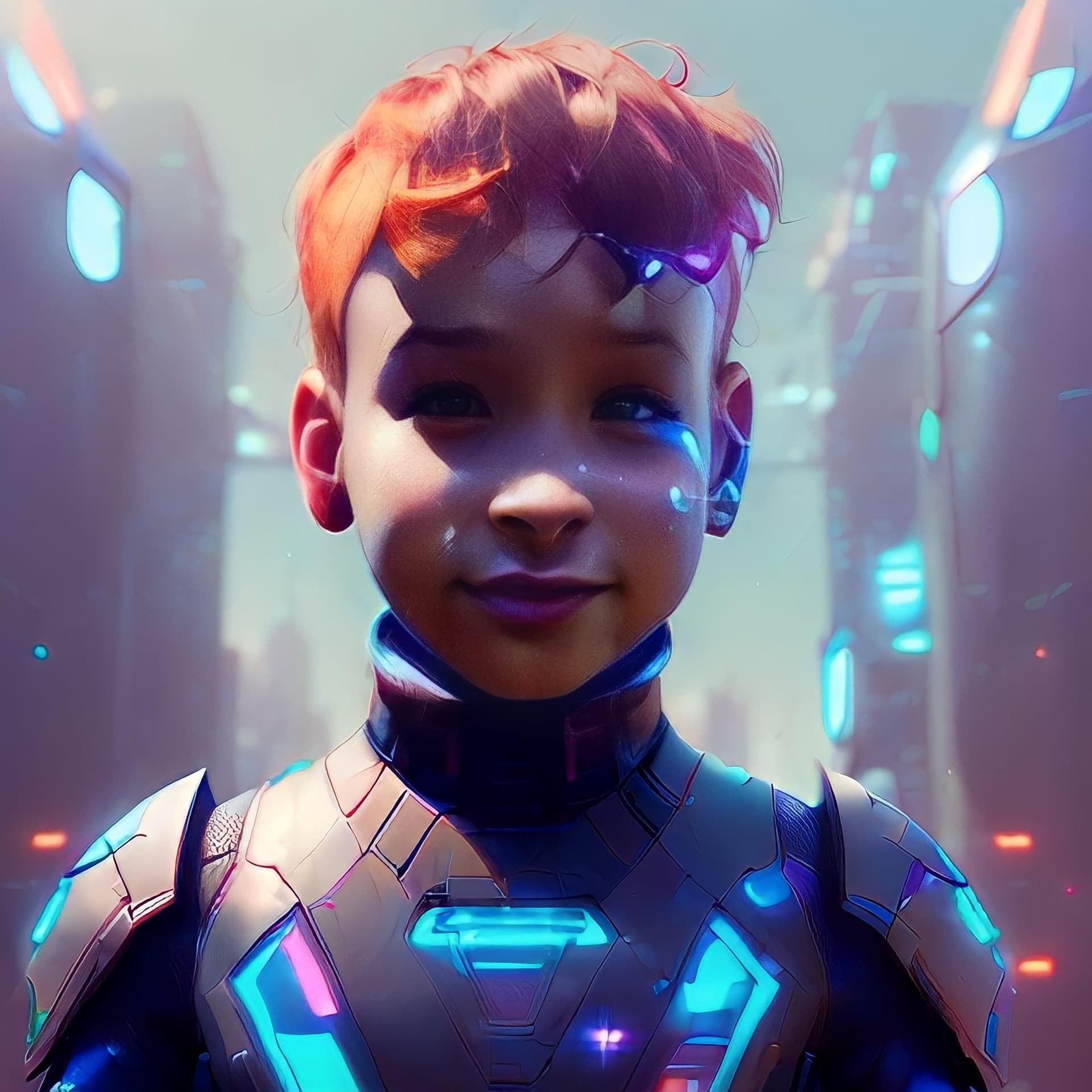 AI generated: Child, futuristic cyberpunk world, insane Details, ray tracing, hyperrealism, dinamyc lights, stylis...