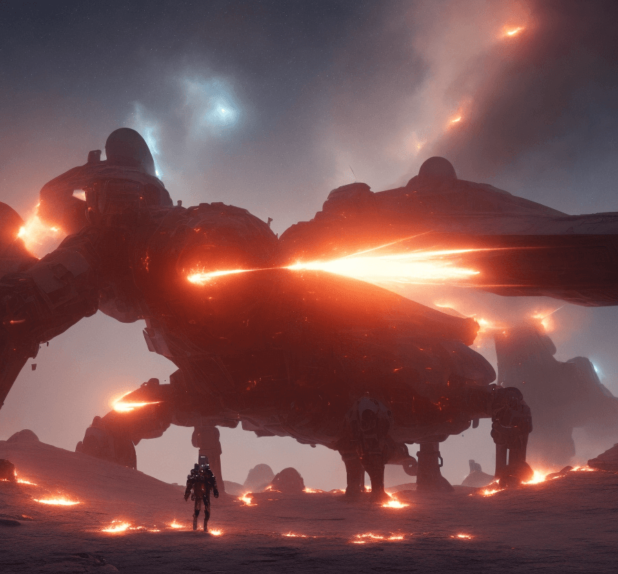 AI generated: 2  iron Mech are walking thru a fire on a desert snowy planet . Electric sparks. s. 8k, intricate de...