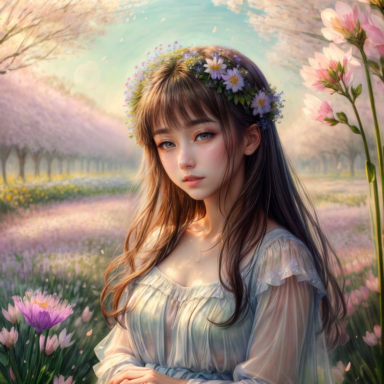 AI generated: Spring morning, real shot 1000 translucent wildflowers planted in the romantic Monet garden, petals ...