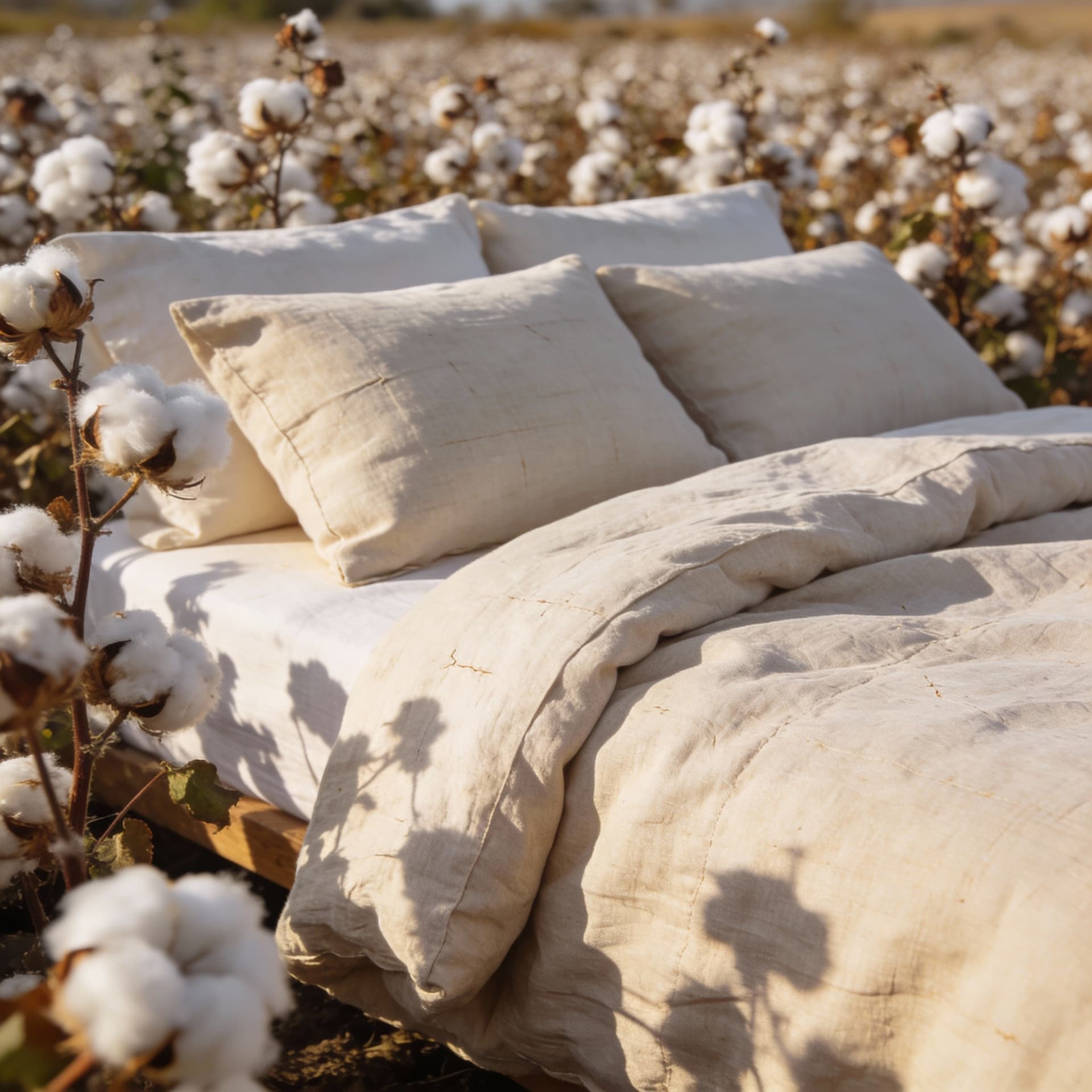 AI generated: Take a photo that clearly shows pure linen on a bed. Linen made of 100% cotton, undyed and unbleache...